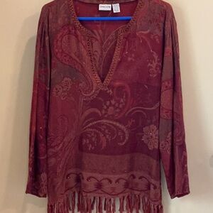 Chico's Deep Red Rust Bohemian Vee Neck Fringe Top